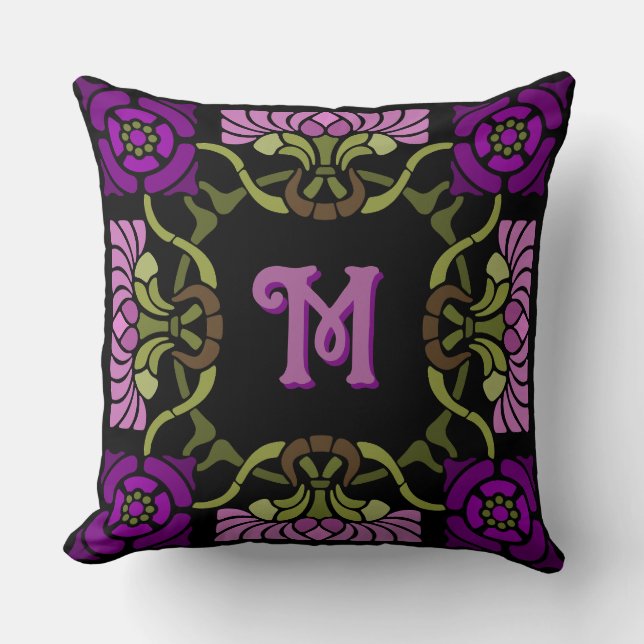 Monogram Goth Art Nouveau Rose und Dahlia Purples Kissen (Vorderseite)
