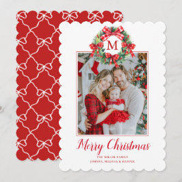 Monogram Grandmillennial Christmas Wreath Bows Feiertagskarte