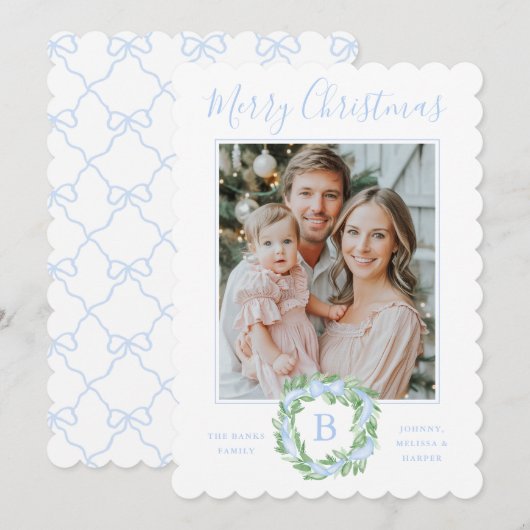 Monogram Grandmillennial Christmas Wreath Bows Feiertagskarte (Vorne/Hinten)