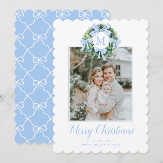 Monogram Grandmillennial Christmas Wreath Bows Feiertagskarte (Vorne/Hinten)