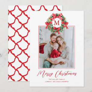 Monogram Grandmillennial Weihnachts-Kranz Bows Feiertagskarte