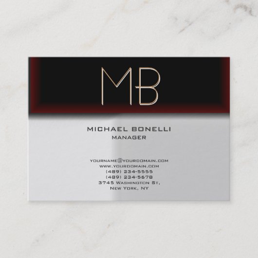 Monogram, graue, rote, stilvolle Visitenkarte (Vorderseite)