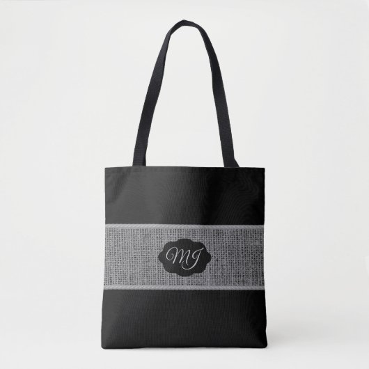 Monogram Gray Burlap auf Black Tasche (Vorderseite)