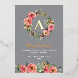 Monogram Gray Floral Botanical Wreath Christmas Folien Feiertagskarte