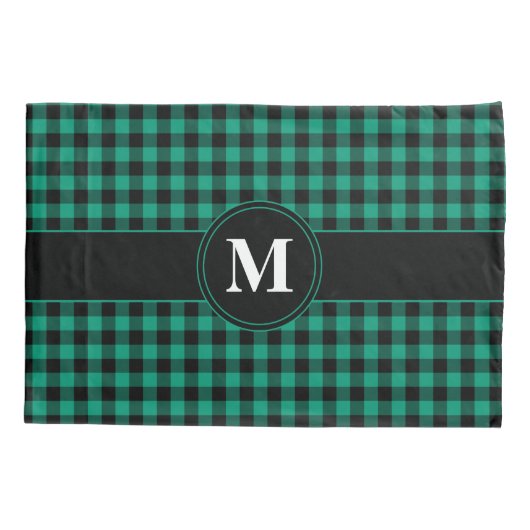 Monogram Green and Black Gingham Pattern Kissenbezug (Rückseite)