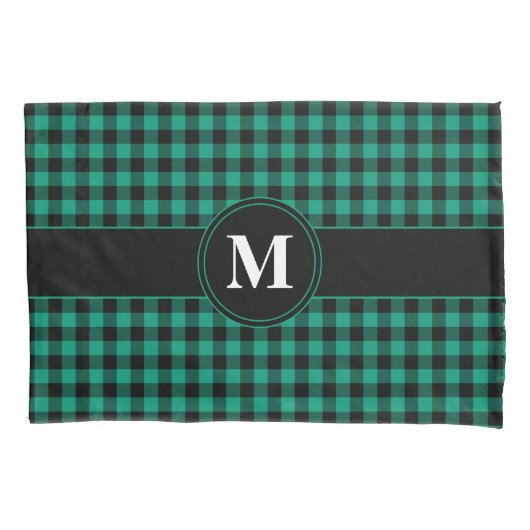 Monogram Green and Black Gingham Pattern Kissenbezug (Vorderseite)