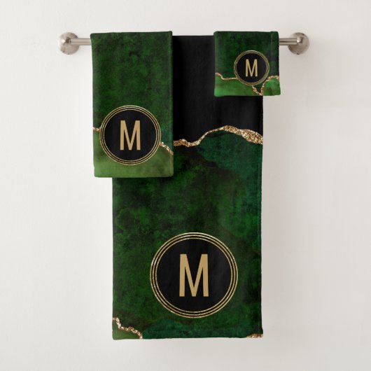 Monogram Green Black Marble Agate Gold Glitzer Badhandtuch Set (Insitu)