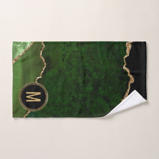 Monogram Green Black Marble Agate Gold Glitzer Badhandtuch Set (Handtuch)