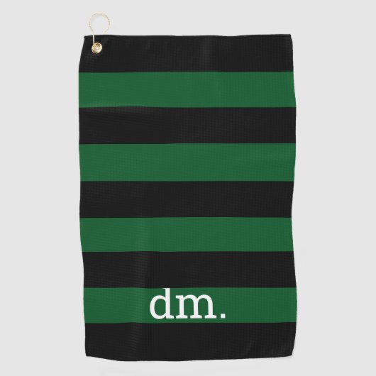 Monogram Green & Black Strip Golf Handtuch mit Tex (Vorderseite)