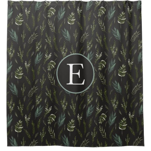 Monogram Green Blätter Botanical Pattern Duschvorhang (Vorderseite)