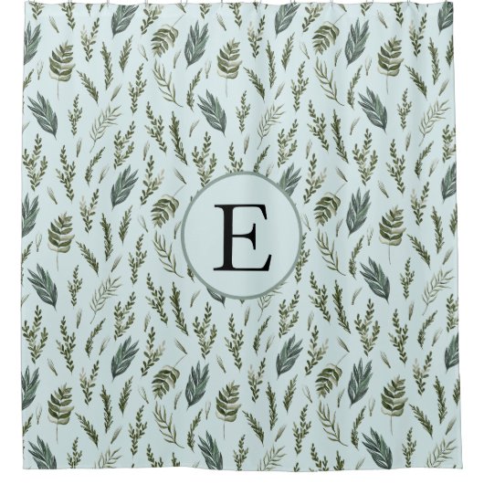 Monogram Green Blätter Botanical Pattern Duschvorhang (Vorderseite)