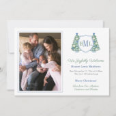 Monogram Green Blue Holidays Foto Baby Boy Biry Ankündigung (Vorderseite)