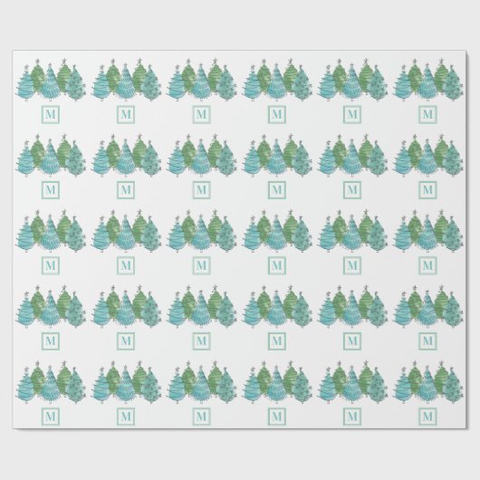 Monogram Green Christmas Trees Geschenkpapier (Flach)