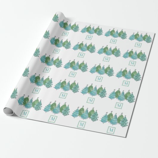 Monogram Green Christmas Trees Geschenkpapier (Ungerollt)
