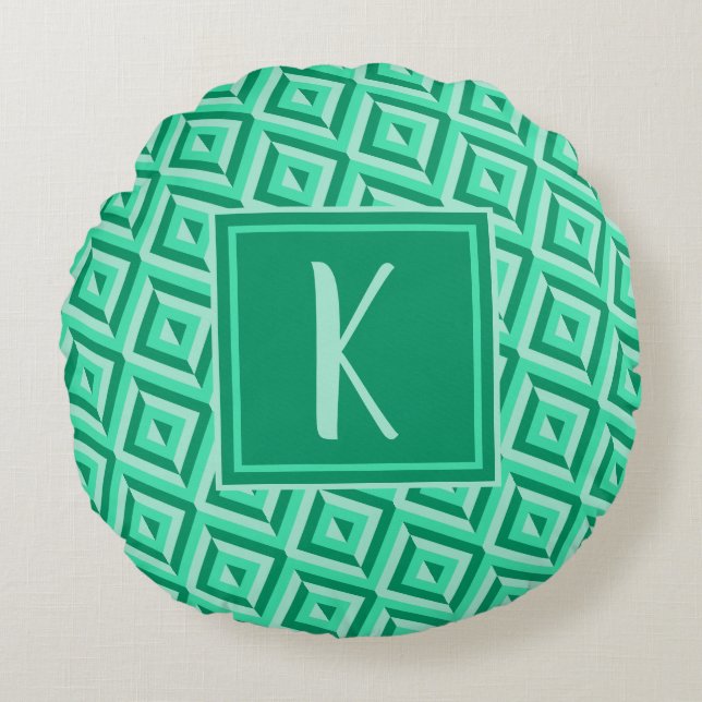Monogram Green Dreistone Diamond Muster Rundes Kissen (Vorderseite)