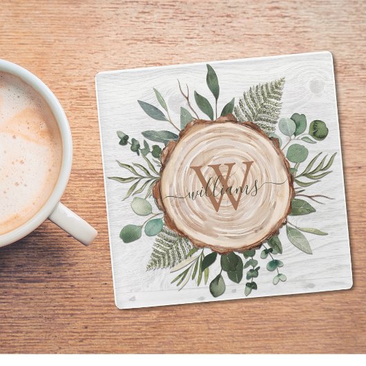 Monogram Green Eucalyptus Blätter Foliage Wood Glasuntersetzer
