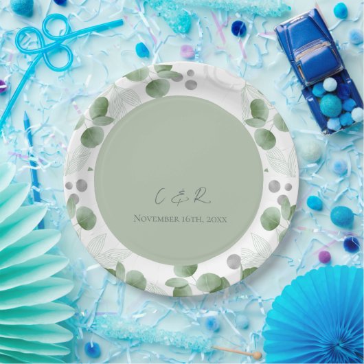 Monogram Green Eucalyptus Wedding Reception Party Pappteller (Party)
