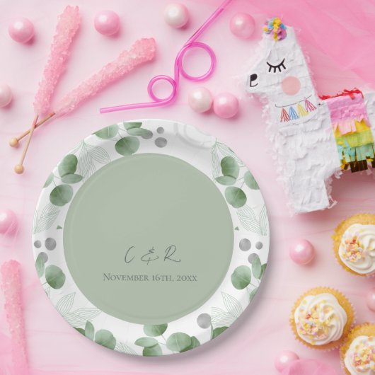 Monogram Green Eucalyptus Wedding Reception Party Pappteller (Party)