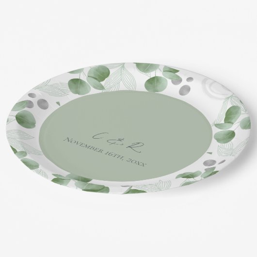 Monogram Green Eucalyptus Wedding Reception Party Pappteller (Schrägansicht)