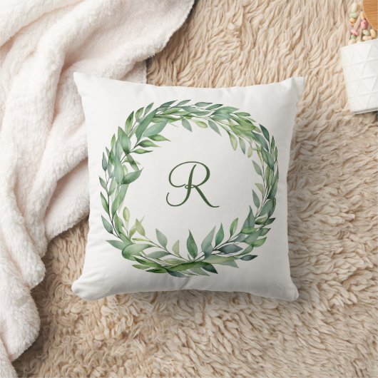 Monogram Green Eucalyptus Wreath Greenerenereneren Kissen (Decke)
