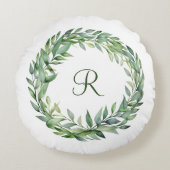 Monogram Green Eucalyptus Wreath Greenerenereneren Rundes Kissen (Vorderseite)
