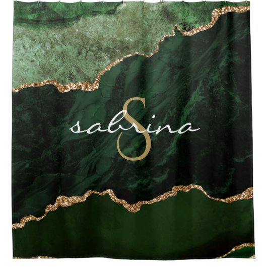 Monogram Green Gold Agate Geode Duschvorhang (Vorderseite)