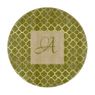 Monogram Green Gold Quatrefoil Newlyweds Hochzeit Schneidebrett