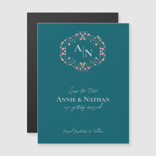 Monogram Green Intricate Floral Frame Wedding Magnetkarte (Vorne/Hinten)