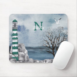 Monogram Green Lighthouse Wasserfarbe Kunst Mousepad