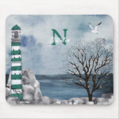 Monogram Green Lighthouse Wasserfarbe Kunst Mousepad (Vorne)