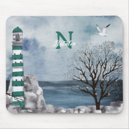 Monogram Green Lighthouse Wasserfarbe Kunst Mousepad
