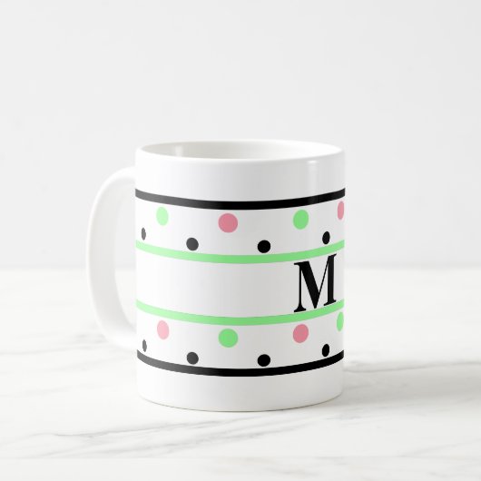 Monogram Green Pink Polka Dots Kaffeetasse (Vorderseite Links)