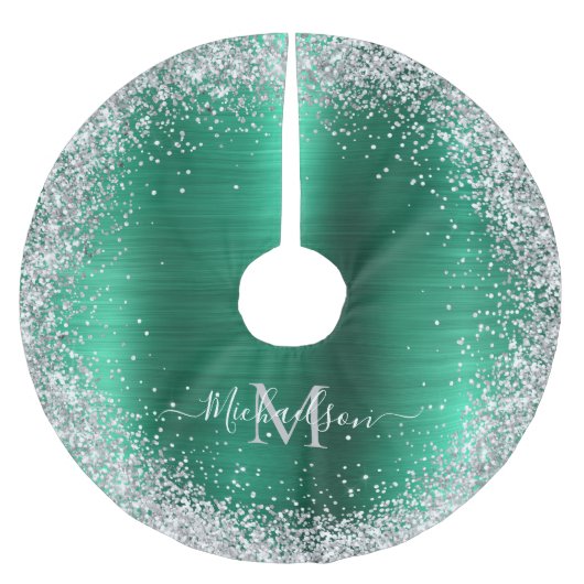Monogram Green Silver Glitzer Girly Glam Polyester Weihnachtsbaumdecke (Vorderseite)