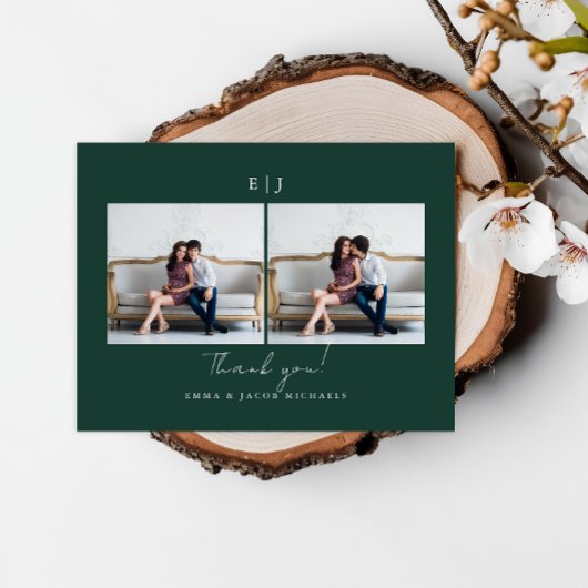 Monogram Green Wedding Foto Vielen Dank Postkarte