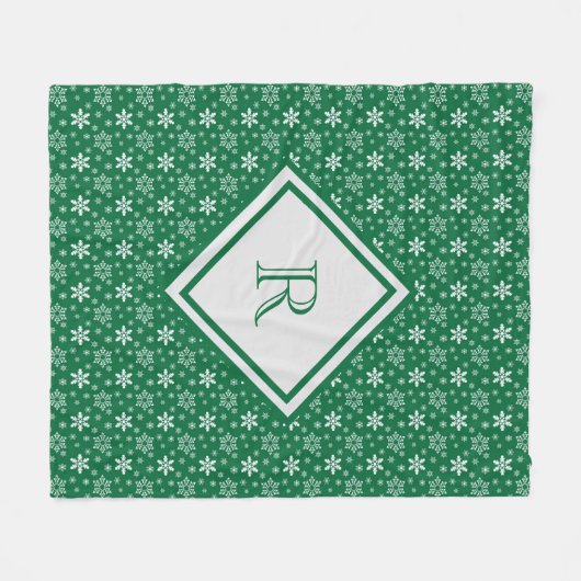 Monogram Green White Snowflakes Winter Weihnachten Fleecedecke (Vorderseite (Horizontal))