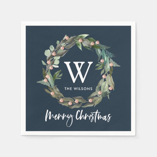 Monogram Greenerath Wreath Christmas Holiday Navy Serviette (Vorderseite)