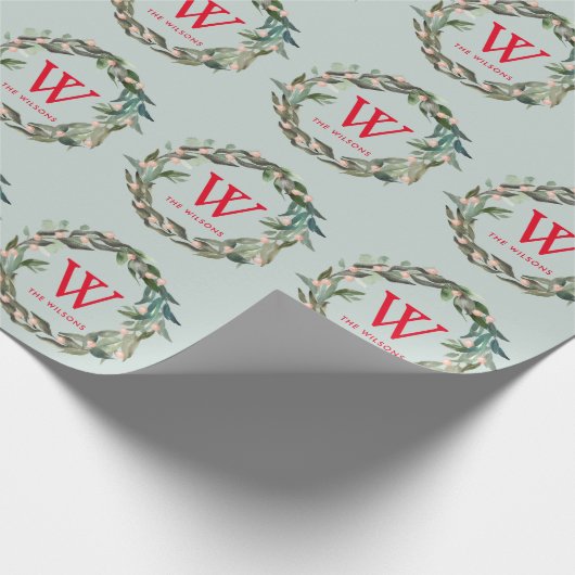 Monogram Greenerath Wreath Weihnachtsfeiertag Grün Geschenkpapier (Ecke)