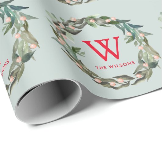 Monogram Greenerath Wreath Weihnachtsfeiertag Grün Geschenkpapier (Rolleneckpunkt)