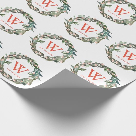 Monogram Greenerity Wreath Weihnachtsfeiertag Geschenkpapier (Ecke)