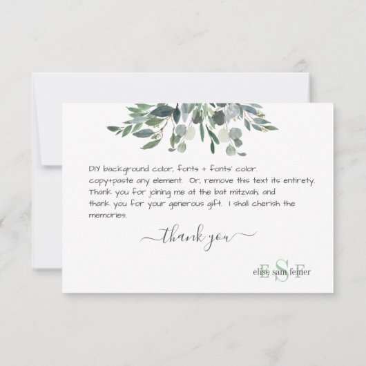 Monogram Greenery Blue Gum Eucalyptus Vielen Dank Dankeskarte (Rückseite)