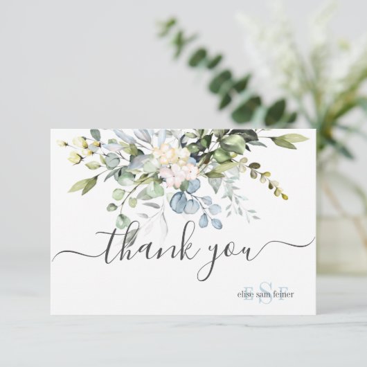 Monogram Greenery Blue Gum Eucalyptus Vielen Dank Dankeskarte (Stehend Vorderseite)