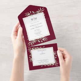 Monogram Greenery Botanical Burgundy Wedding All In One Einladung