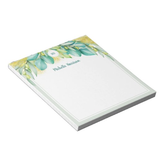 Monogram Greenery Eucalyptus Blätter Olive Notizblock (angewinkelt)