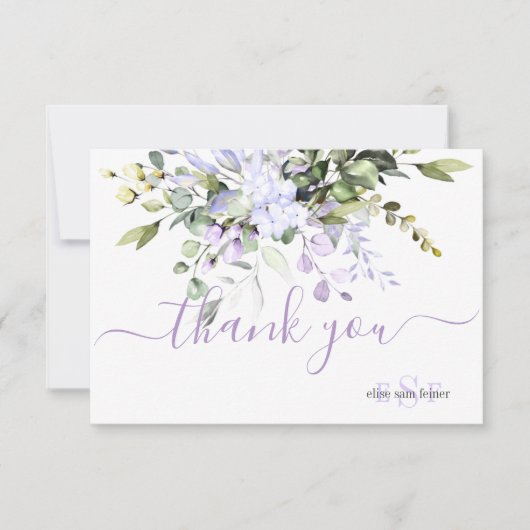 Monogram Greenery Eucalyptus Blätter Purple Flower Dankeskarte (Vorderseite)