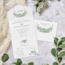 Monogram Greenery Eucalyptus Elegant Wedding All In One Einladung