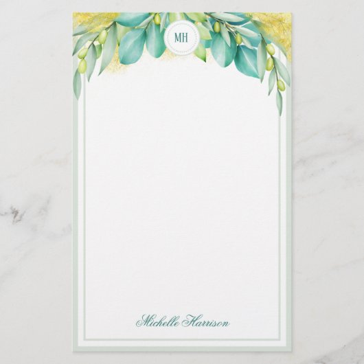 Monogram Greenery Eucalyptus Verlasse Olive Branch Briefpapier (Vorderseite)