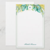 Monogram Greenery Eucalyptus Verlasse Olive Branch Briefpapier (Vorne/Hinten)