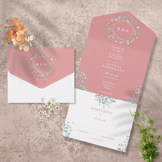 Monogram Greenery Floral Dusty Rose Wedding All In One Einladung