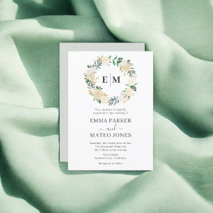 Monogram Greenery Floral Elegant White Wedding Einladung