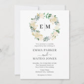 Monogram Greenery Floral Elegant White Wedding Einladung (Vorderseite)